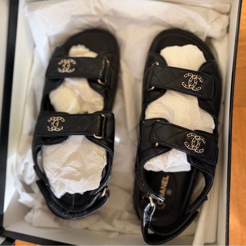 CHANEL Black Quilted Leather Double-Strap Sandals with Gold CC Logos